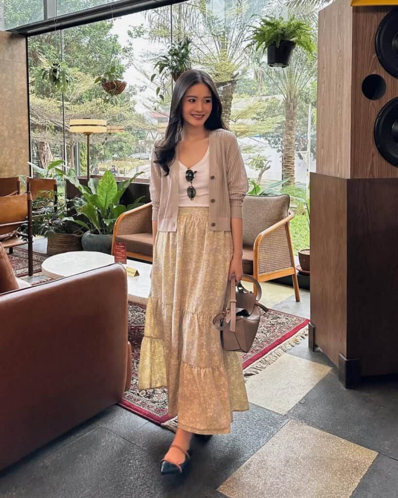 Beige Cardigan with Yellow Floral Tiered Maxi Skirt — Church Outfits 2027