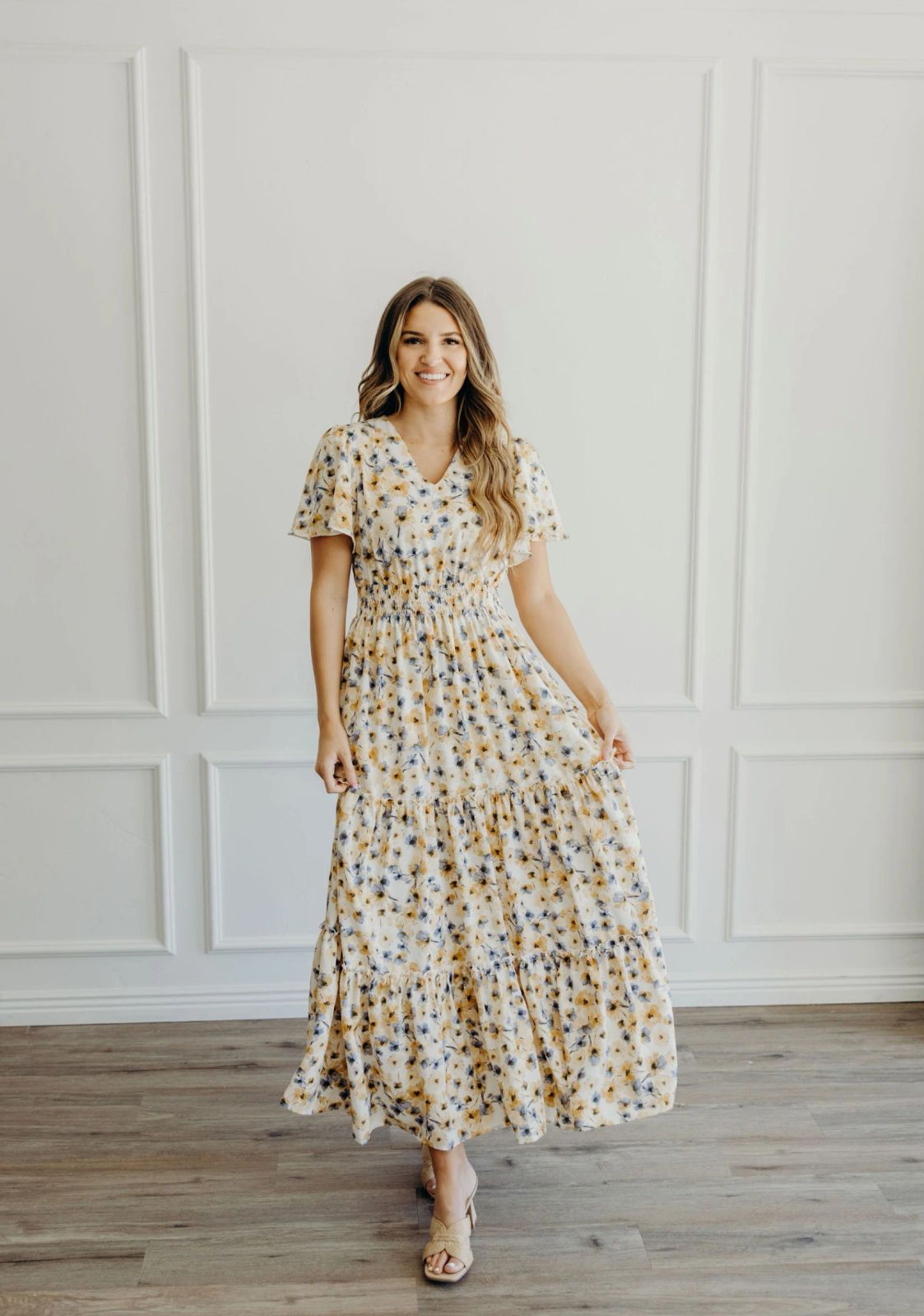 Yellow, Blue, and White Floral Maxi Dress — Church Outfits 2027