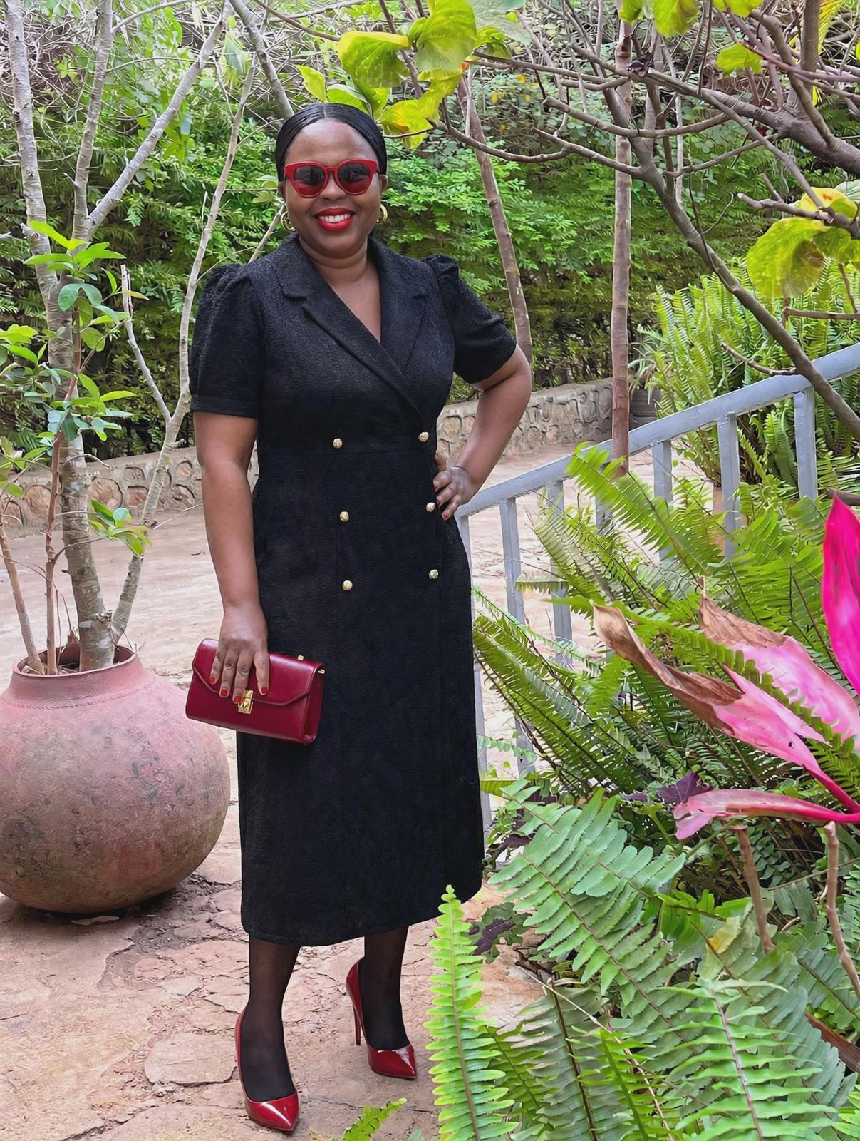 Black Double-Breasted Style Dress with Red Accessories — Church Outfits 2027