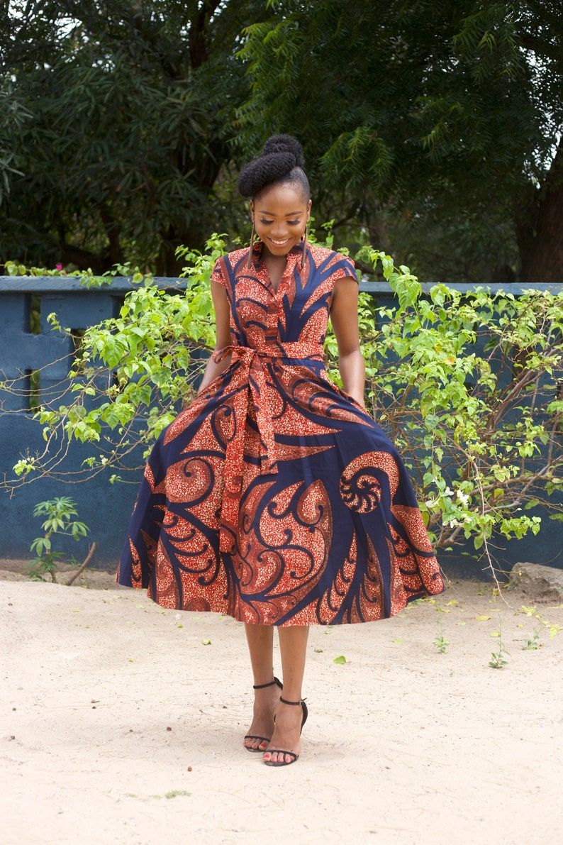 Navy and Orange Geometric Print Midi Dress — Church Outfits 2027