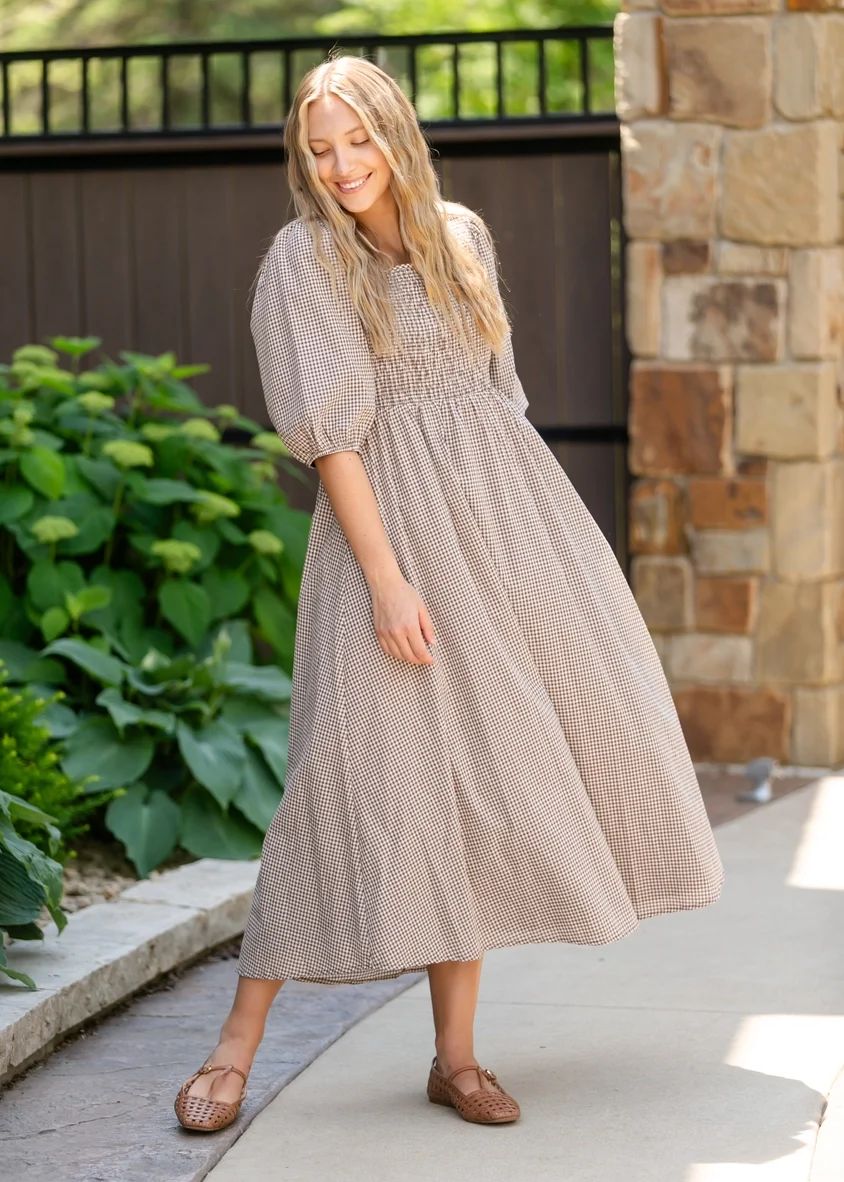 Brown and White Gingham Midi Dress with Smocked Bodice — Church Outfits 2027