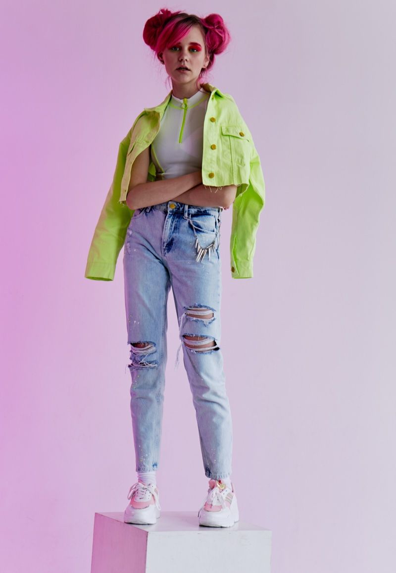Neon Green Denim Jacket with Ripped Jeans Neon Green Denim Jacket with Ripped Jeans — Jelly Aesthetic Outfits 2027