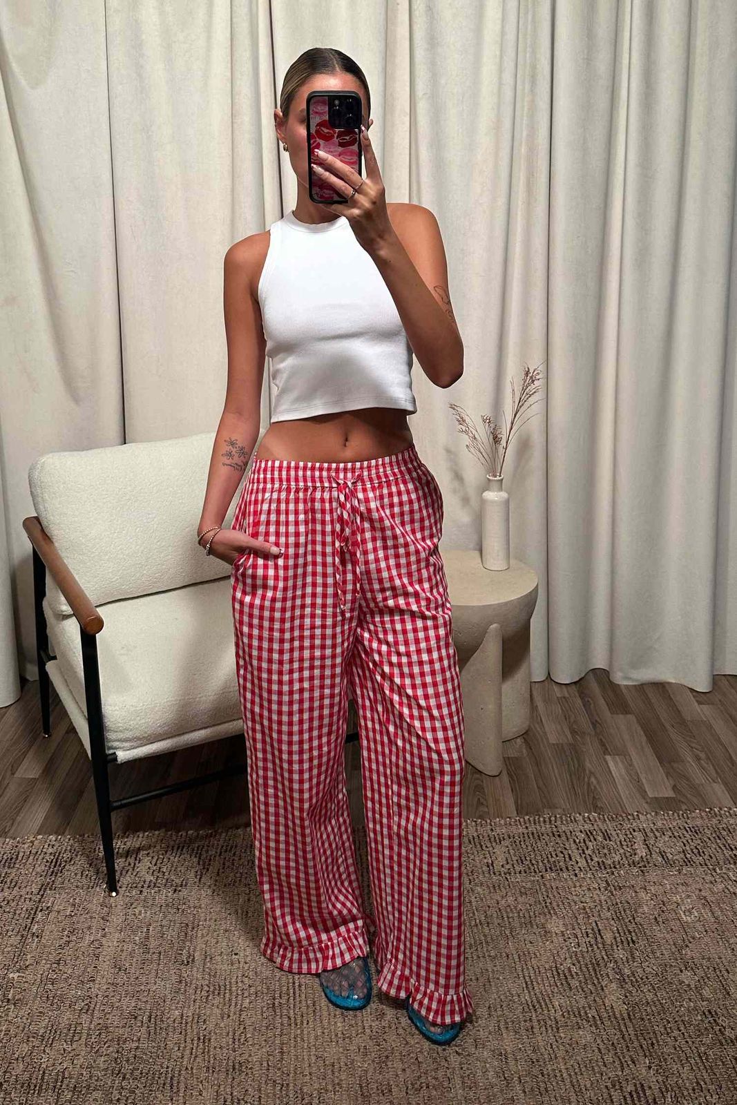 Gingham Pants with Blue Jelly Slides Gingham Pants with Blue Jelly Slides — Jelly Aesthetic Outfits 2027