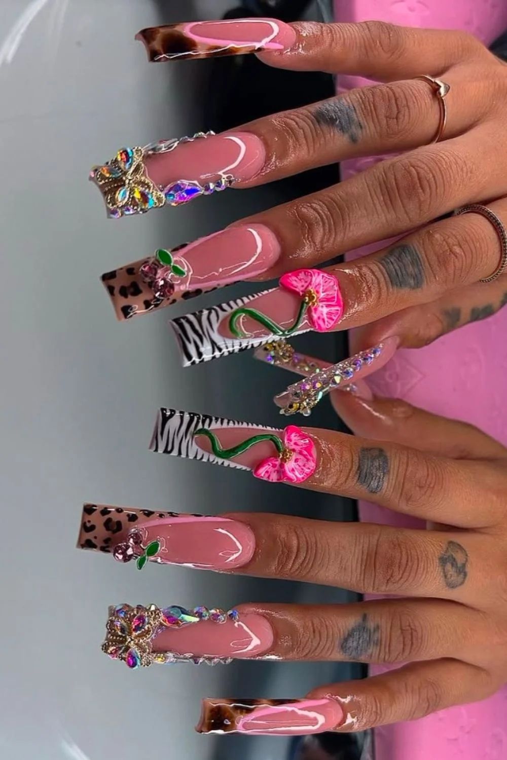 Pink Nude Animal Print Floral Coffin Nails Pink Nude Animal Print Floral Coffin Nails — Baddie Nails 2027