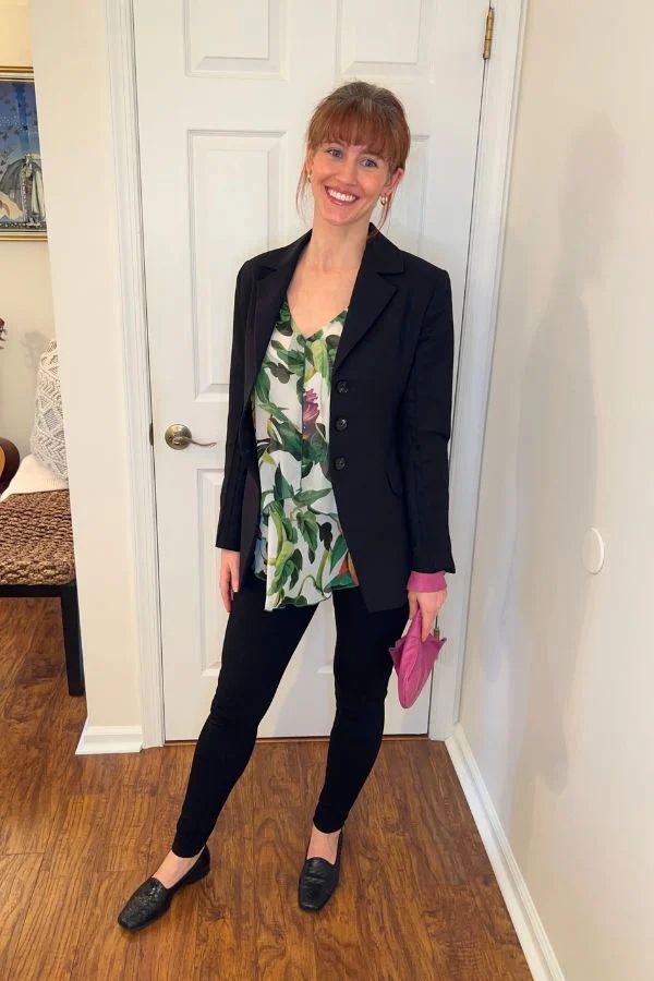 Floral Blouse Elevates a Black Blazer and Trouser Combination Floral Blouse Elevates a Black Blazer and Trouser Combination — Court Outfits 2027