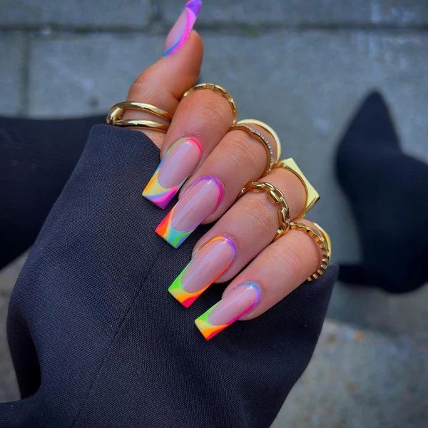 Neon Abstract Swirl French Coffin Nails Neon Abstract Swirl French Coffin Nails — Summer Coffin Nails 2027