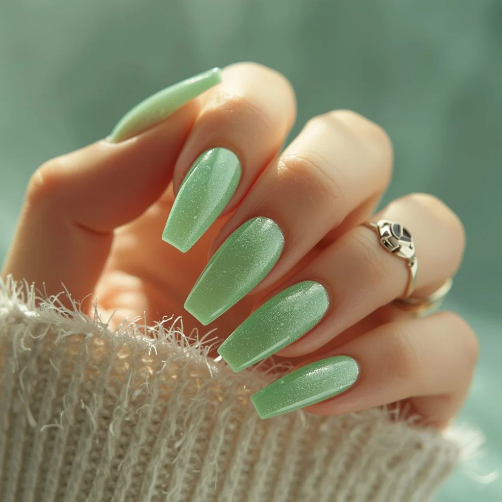 Shimmery Milky Mint Green Coffin Nails Shimmery Milky Mint Green Coffin Nails — Summer Coffin Nails 2027