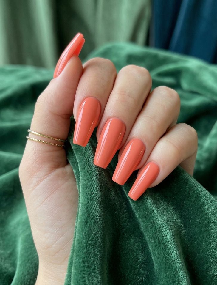 Vibrant Coral Orange Glossy Coffin Nails Vibrant Coral Orange Glossy Coffin Nails — Summer Coffin Nails 2027