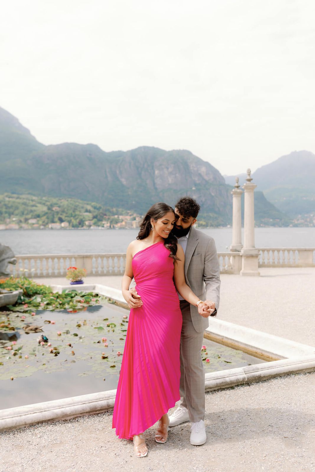 Hot Pink Gown with Grey Suit for a Bold Statement Hot Pink Gown with Grey Suit for a Bold Statement — Proposal Outfits 2027