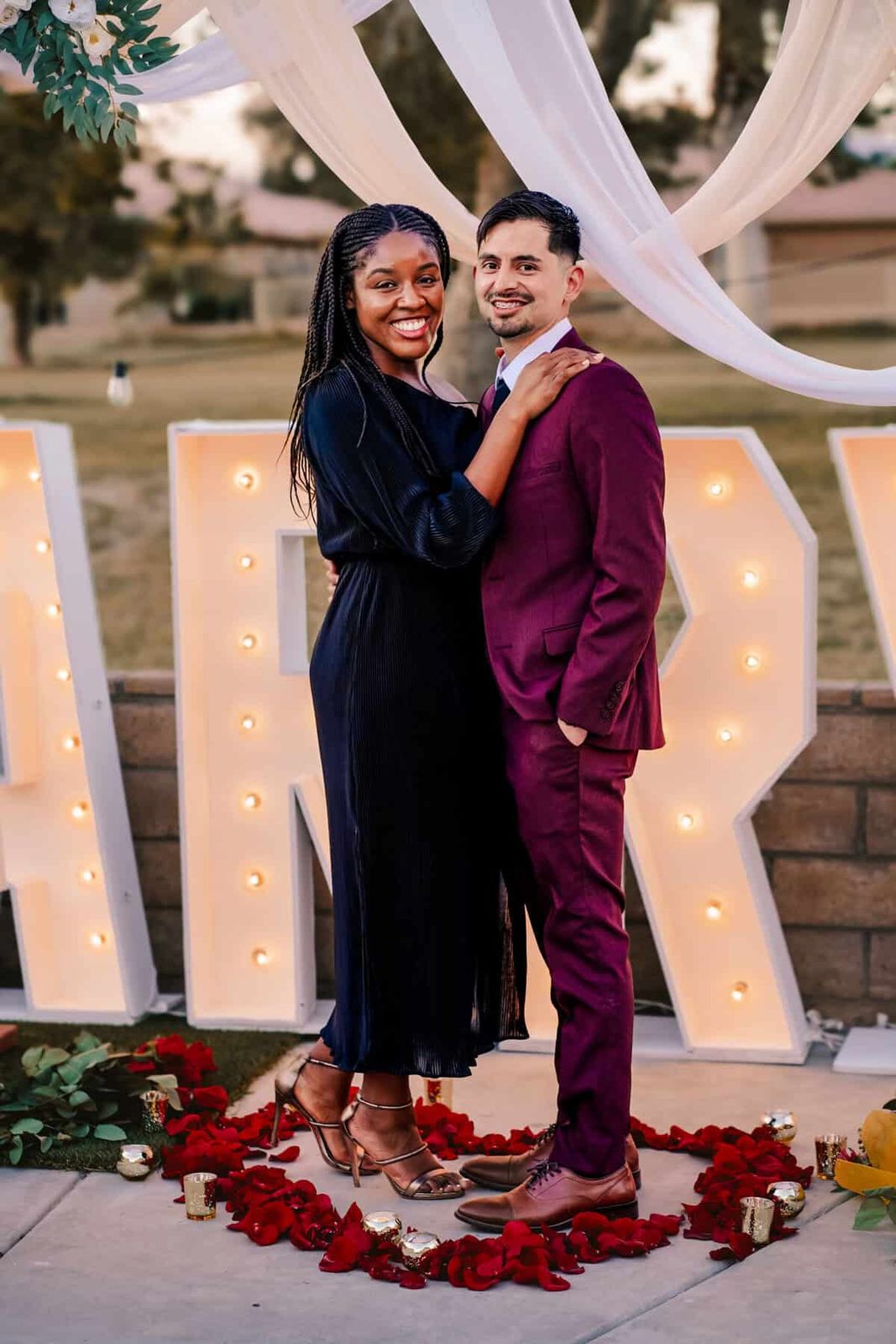 Burgundy Suit and Navy Dress for a Coordinated Proposal Burgundy Suit and Navy Dress for a Coordinated Proposal — Proposal Outfits 2027