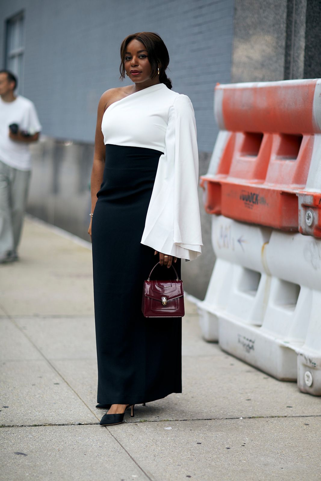 One-Shoulder Gown with Dramatic White Sleeve One-Shoulder Gown with Dramatic White Sleeve — Proposal Outfits 2027