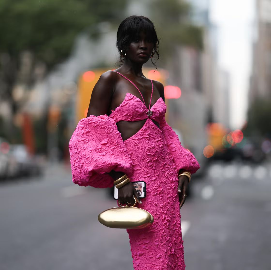 Hot Pink Textured Dress with Voluminous Sleeves Hot Pink Textured Dress with Voluminous Sleeves — Proposal Outfits 2027