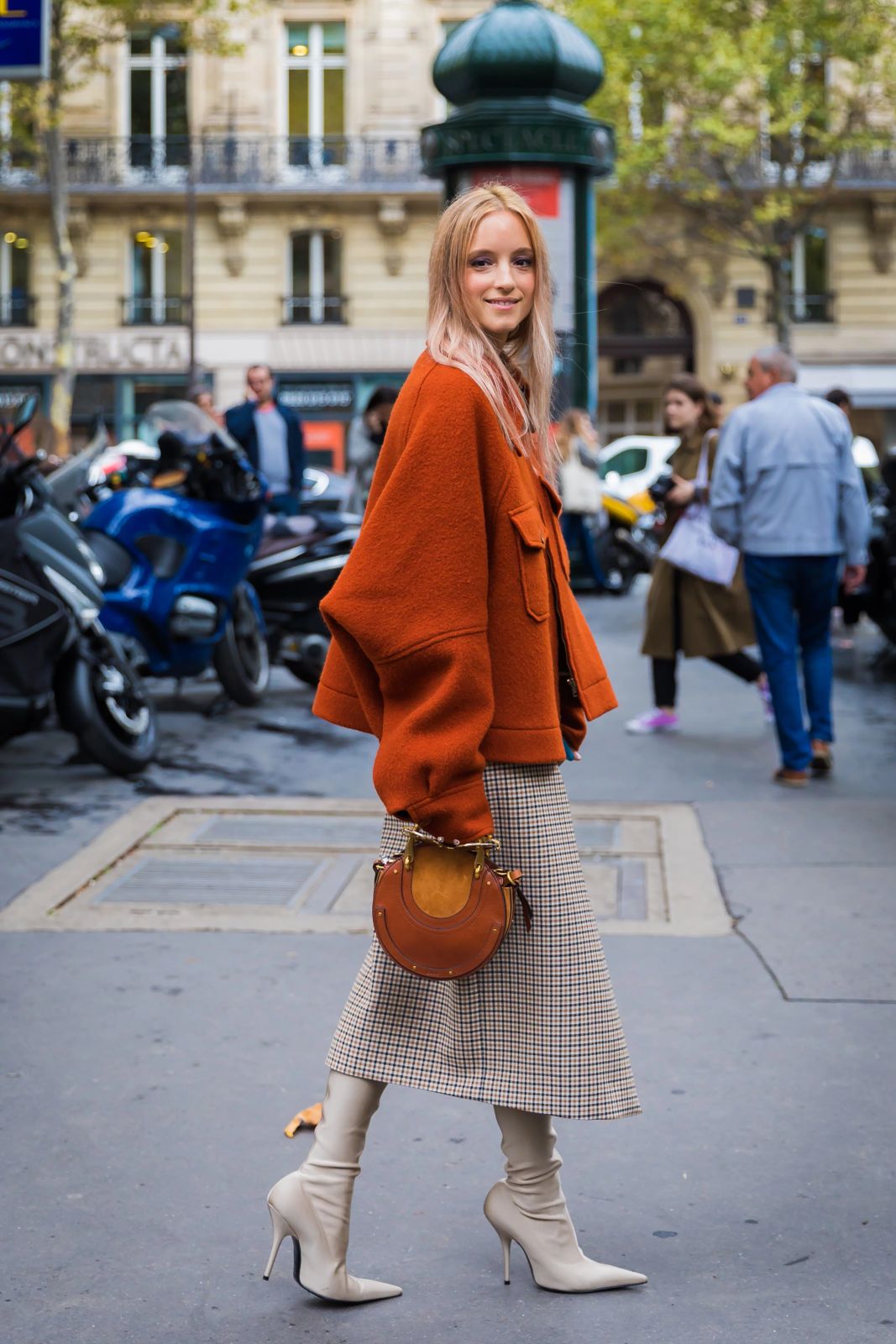 Textured Orange Jacket with Plaid Skirt and Stiletto Boots Textured Orange Jacket with Plaid Skirt and Stiletto Boots — Winter Photoshoot Outfits 2027