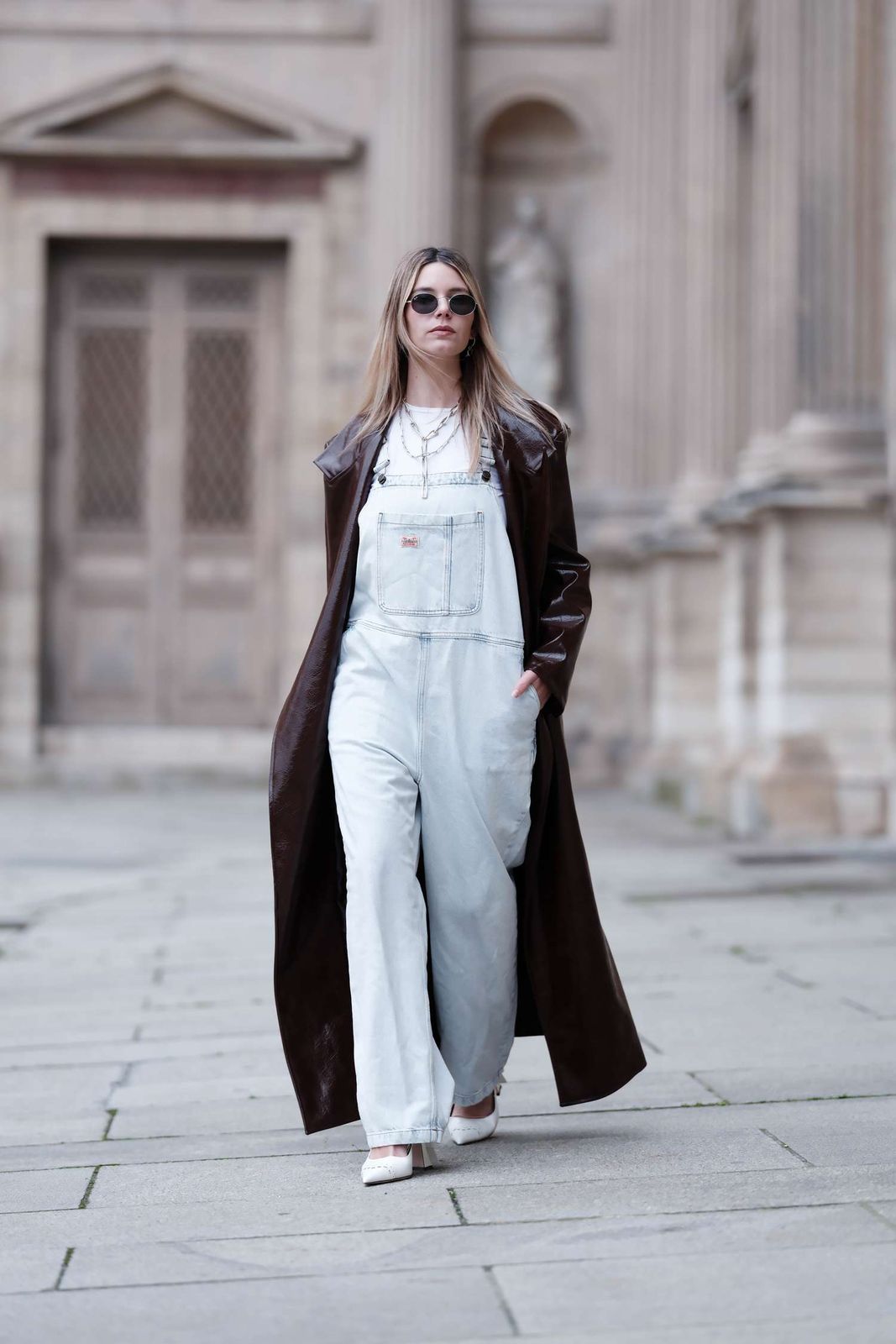 Light Blue Denim Overalls with a Vinyl Trench Coat and White Heels Light Blue Denim Overalls with a Vinyl Trench Coat and White Heels — Overalls 2027