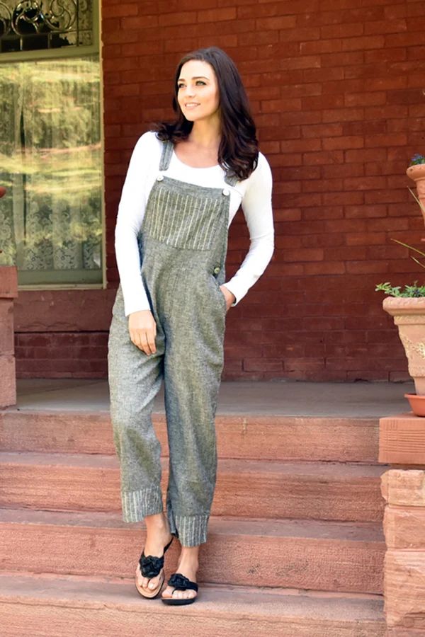 Grey Striped Hemp Overalls with a White Long-Sleeved Top and Black Sandals Grey Striped Hemp Overalls with a White Long-Sleeved Top and Black Sandals — Overalls 2027