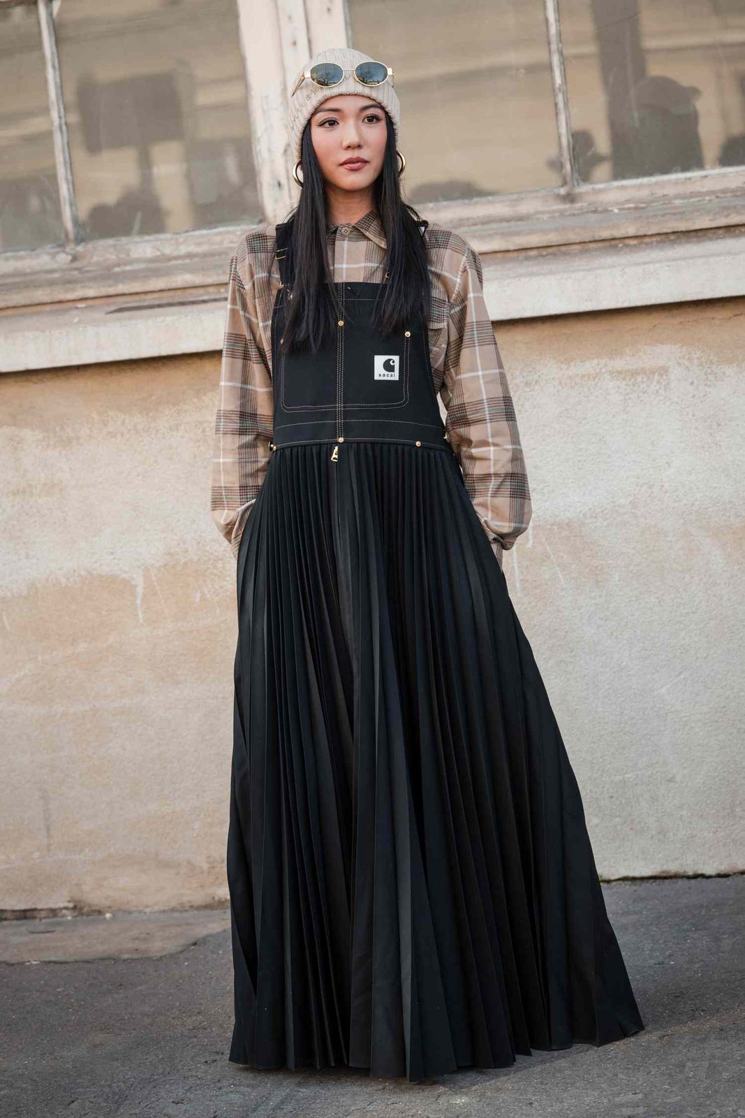 Black Overalls with a Pleated Maxi Skirt and Plaid Shirt Black Overalls with a Pleated Maxi Skirt and Plaid Shirt — Overalls 2027