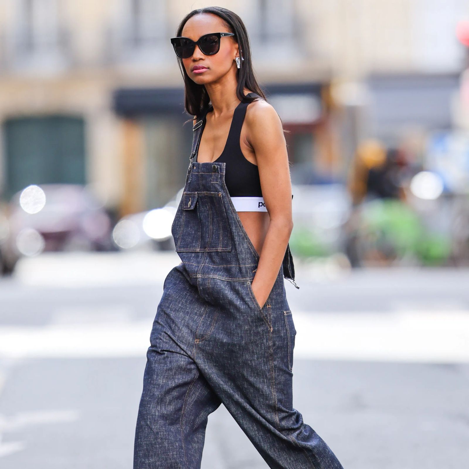 Dark Blue Wide-Leg Overalls with a Black Sports Bra and Sunglasses Dark Blue Wide-Leg Overalls with a Black Sports Bra and Sunglasses — Overalls 2027