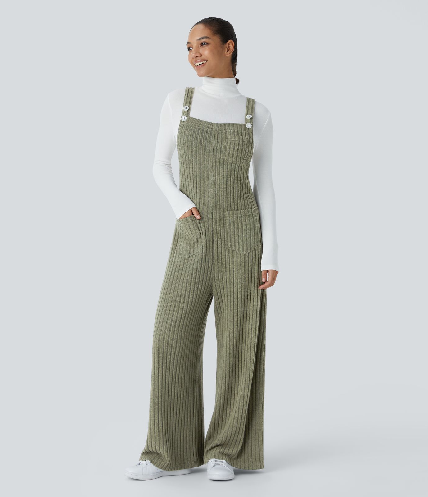 Olive Green Ribbed Knit Wide-Leg Overalls with a White Turtleneck Olive Green Ribbed Knit Wide-Leg Overalls with a White Turtleneck — Overalls 2027