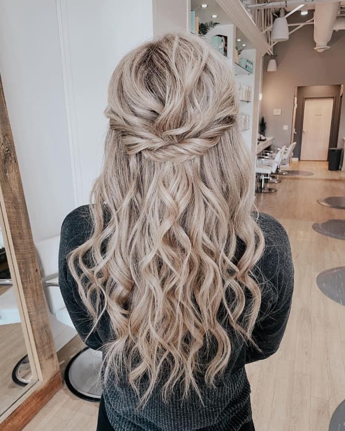 Ash Blonde Half-Up With Twisted Crown and Waves Ash Blonde Half-Up With Twisted Crown and Waves — Engagement Party Hairstyles 2027