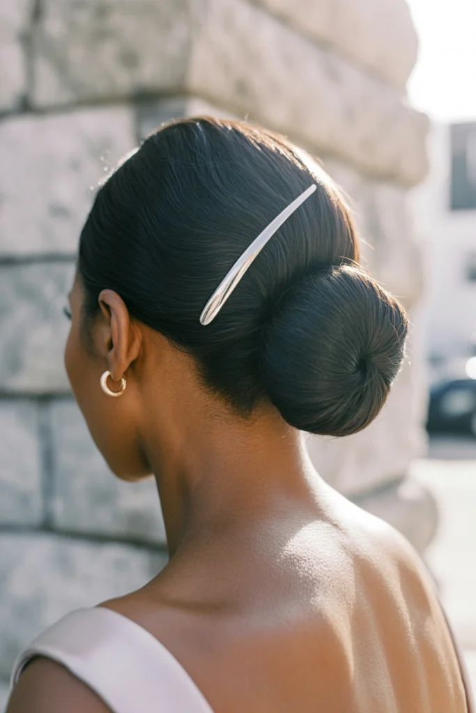 Sleek Low Bun With Silver Accessory Sleek Low Bun With Silver Accessory — Engagement Party Hairstyles 2027