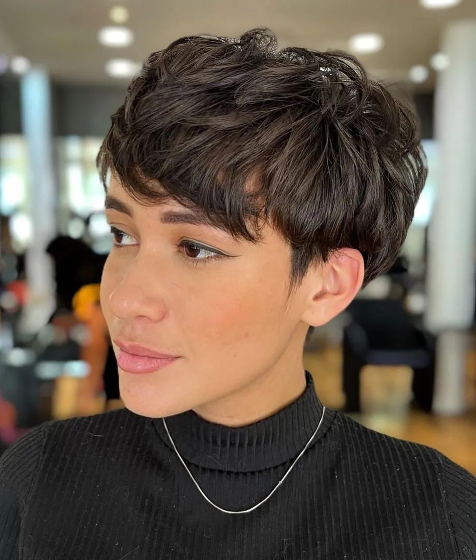 Dark Brown Wavy Pixie With Soft Fringe Dark Brown Wavy Pixie With Soft Fringe — Textured Pixie 2027
