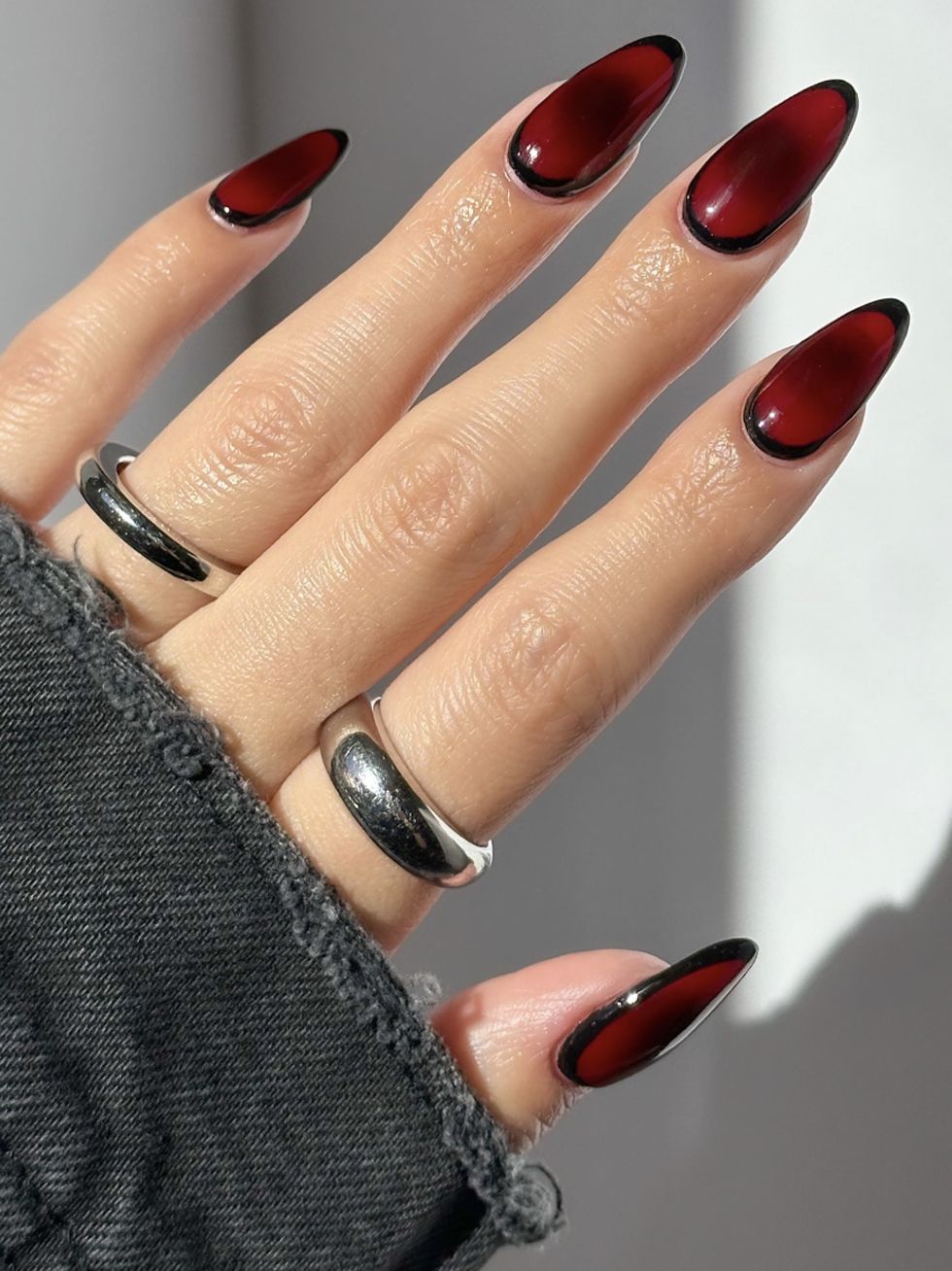 Deep Red Jelly with Black Outline Detail Deep Red Jelly with Black Outline Detail — Red and Black Nails 2027