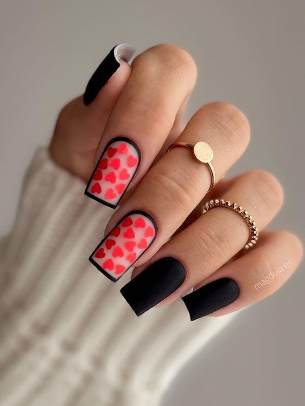 Short Matte Black with Glossy Red Heart Accents Short Matte Black with Glossy Red Heart Accents — Red and Black Nails 2027