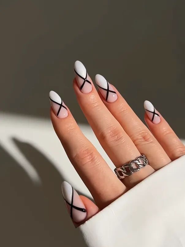 White Tips with Black Cross Lines White Tips with Black Cross Lines — Line Art Nails 2027
