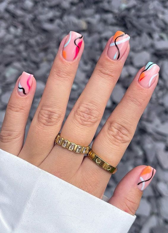 Short Square Colorful Line Art — Abstract Art In Black Line Art Nails 2027