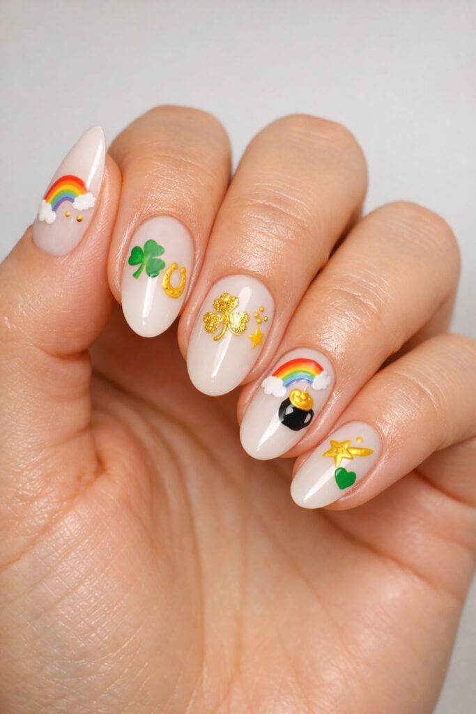 3D Lucky Charms on Sheer Nude Almond 3D Lucky Charms on Sheer Nude Almond — Lucky Nails 2027