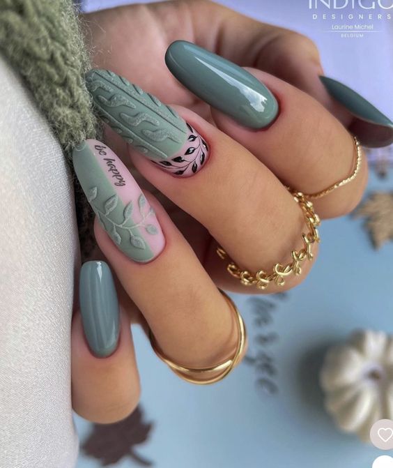 Sage Green Cable Knit Leaf Nails Sage Green Cable Knit Leaf Nails — Sweater Weather Nails 2027