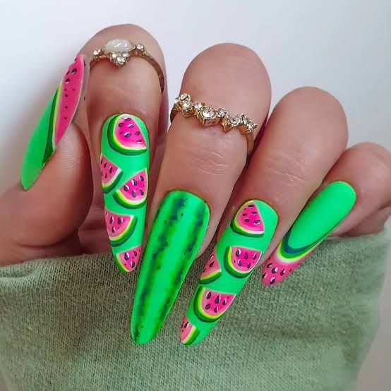 Matte Green Watermelon Slice Stilettos Matte Green Watermelon Slice Stilettos — Watermelon Nails 2027