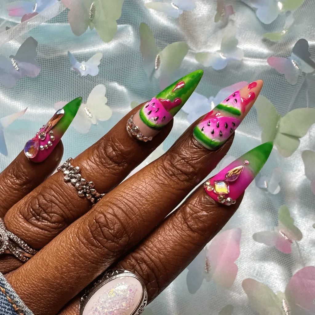 Glittery Rhinestone Watermelon Stilettos Glittery Rhinestone Watermelon Stilettos — Watermelon Nails 2027