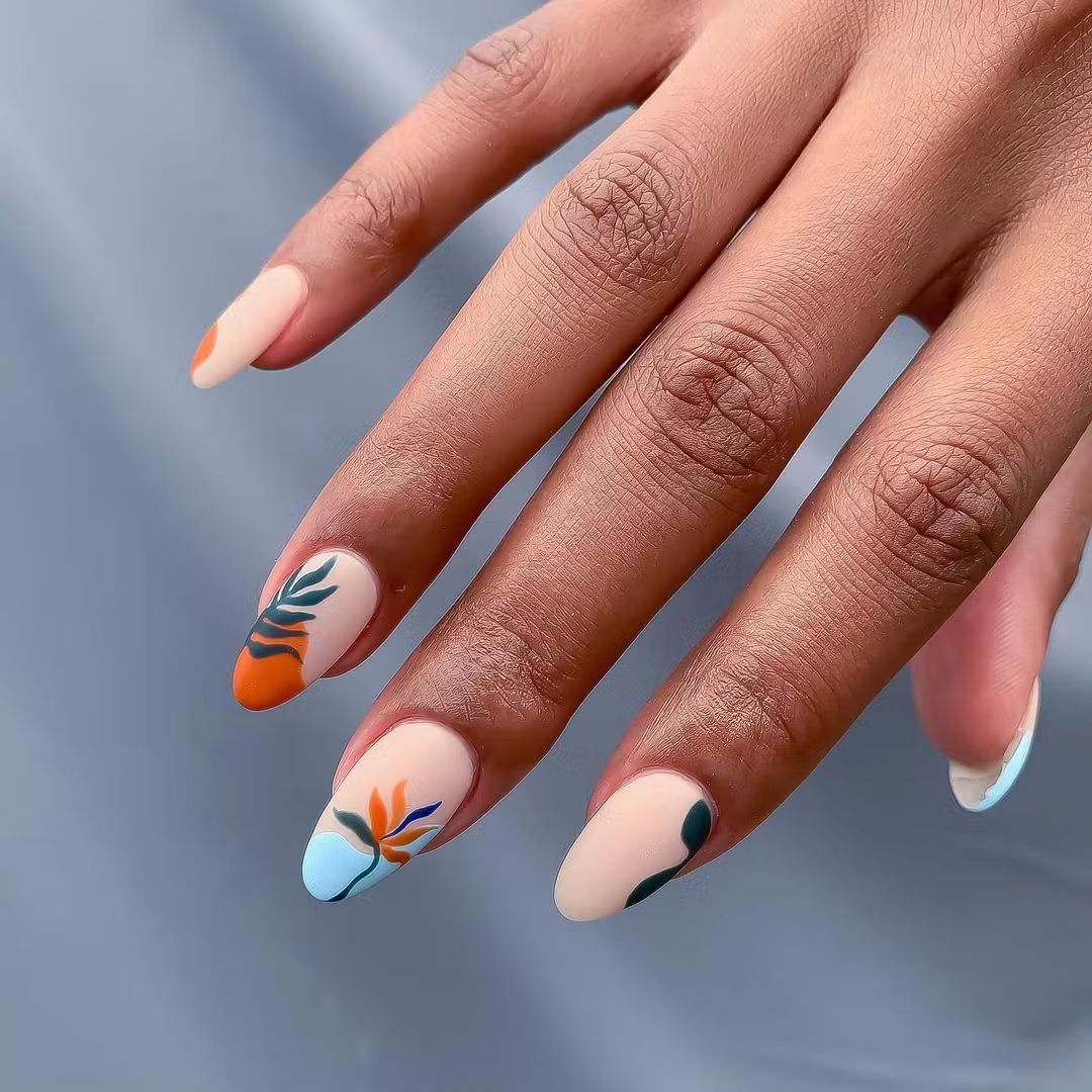 Matte Tropical Botanical Almond Nails Matte Tropical Botanical Almond Nails — Bahamas Nails 2027