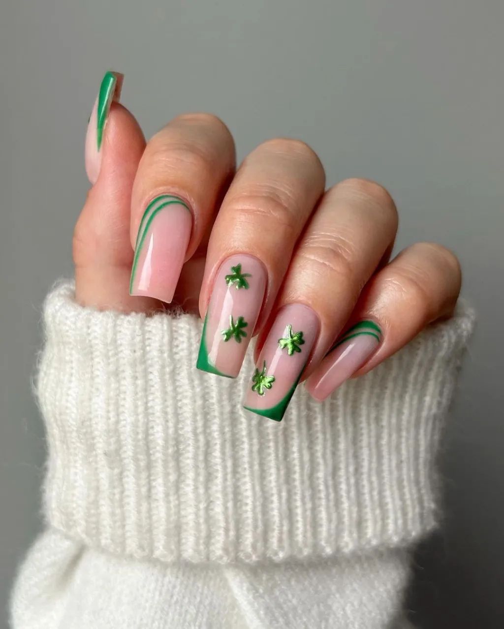 Sheer Nude Emerald French Metallic Clovers Sheer Nude Emerald French Metallic Clovers — Lucky Nails 2027