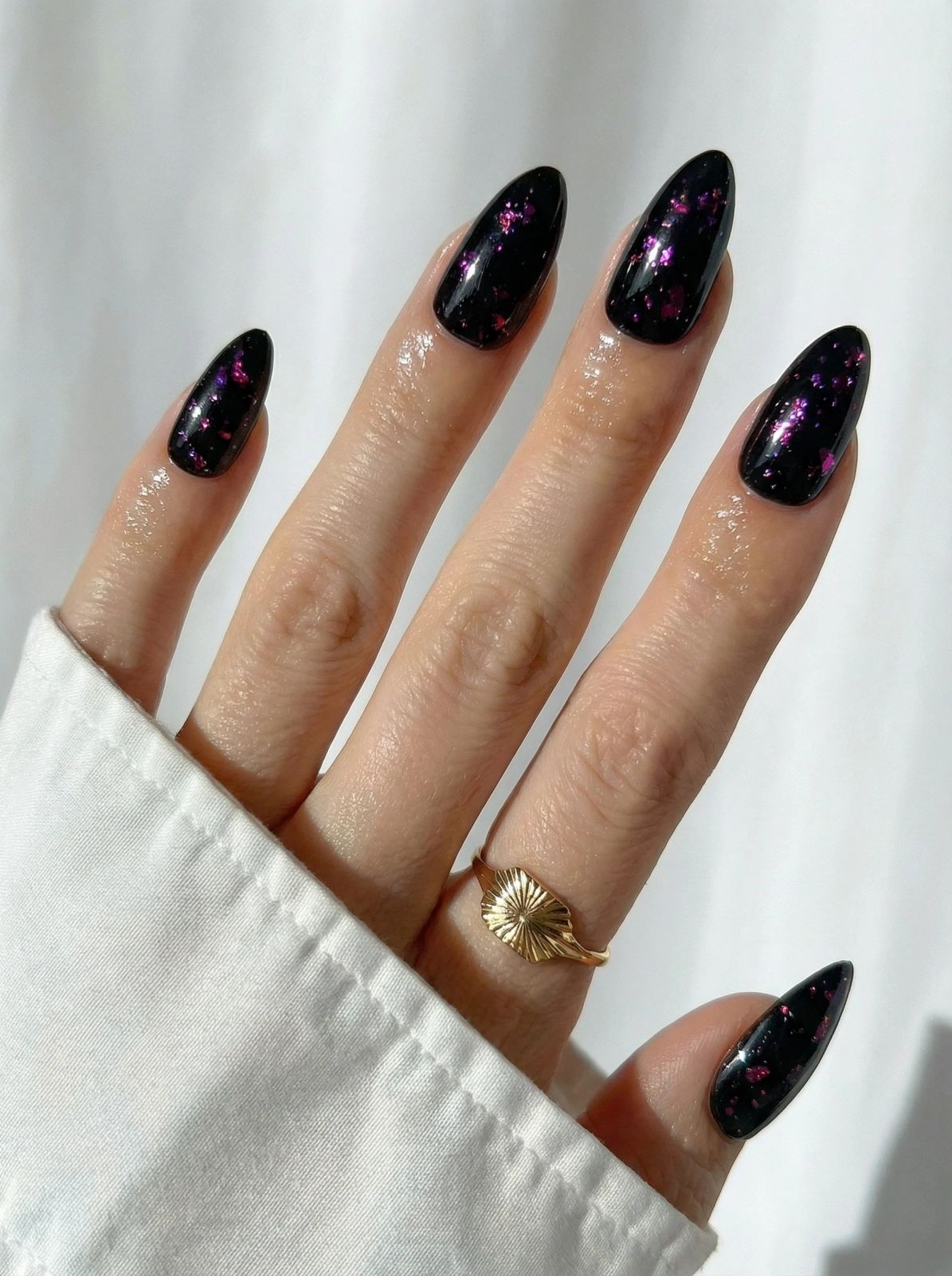 Stiletto Black with Iridescent Glitter — Glossy Black Nails 2027