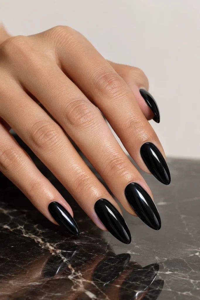Elegant Long Almond Glossy Black — Glossy Black Nails 2027