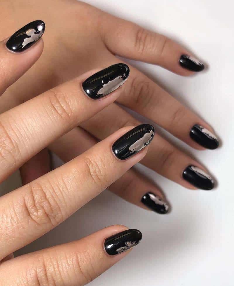 Black Oval with Abstract Silver Foil — Glossy Black Nails 2027