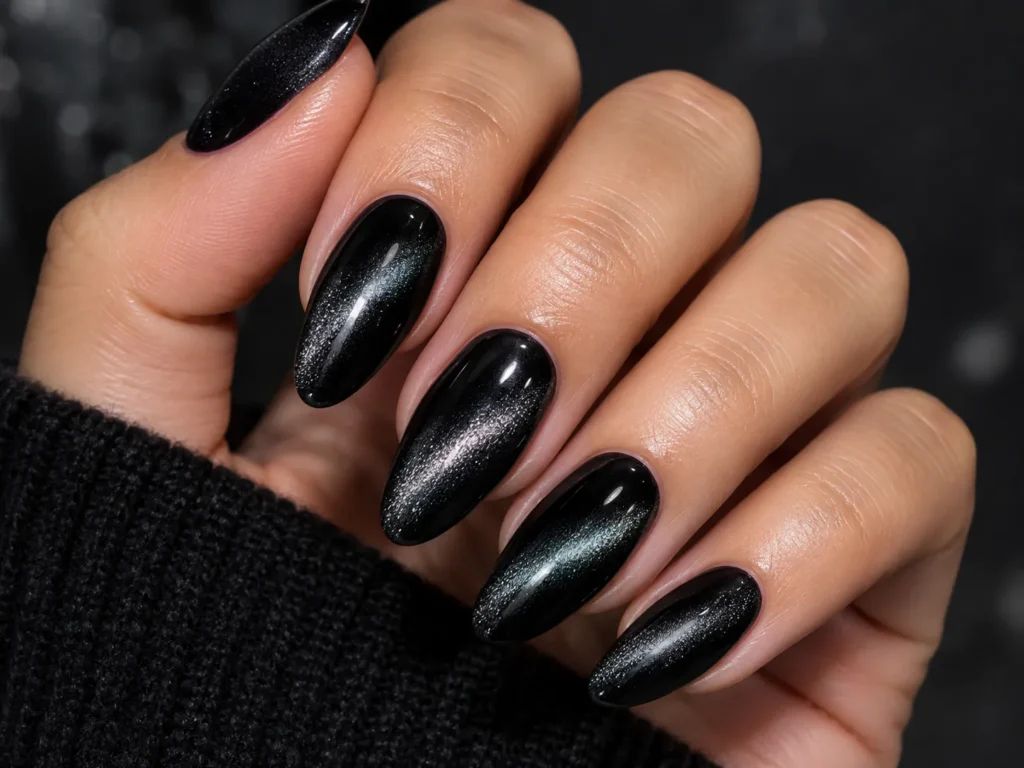 Glossy Black Cat-Eye Almond — Glossy Black Nails 2027