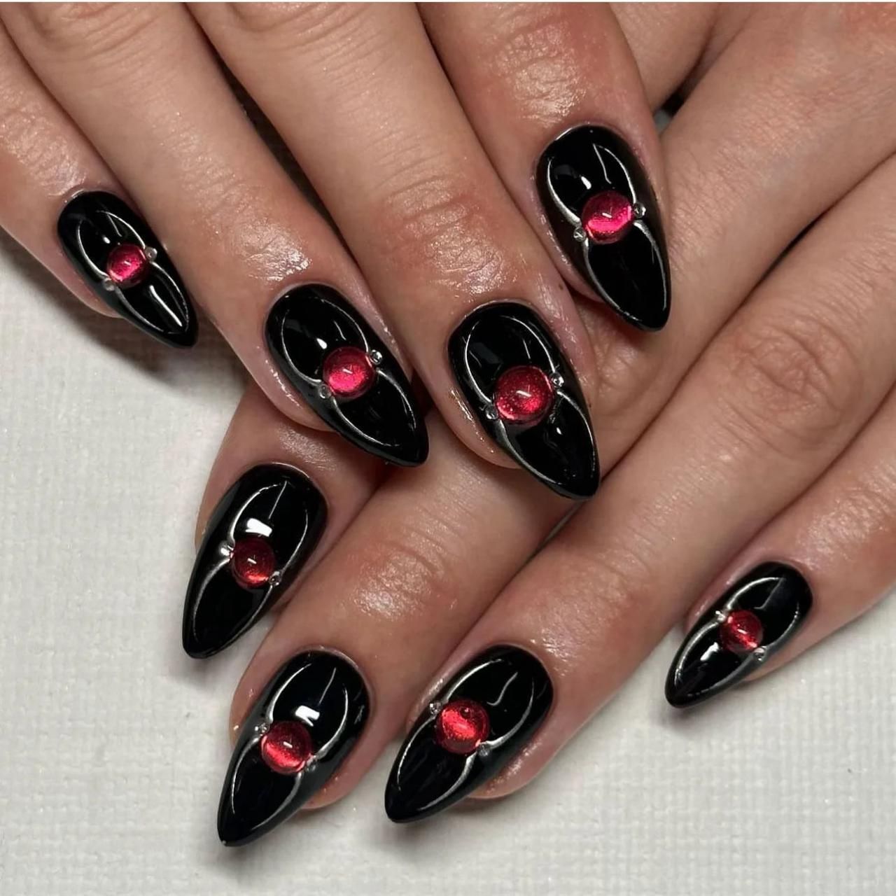 Glossy Black Stilettos with Red Gems — Glossy Black Nails 2027
