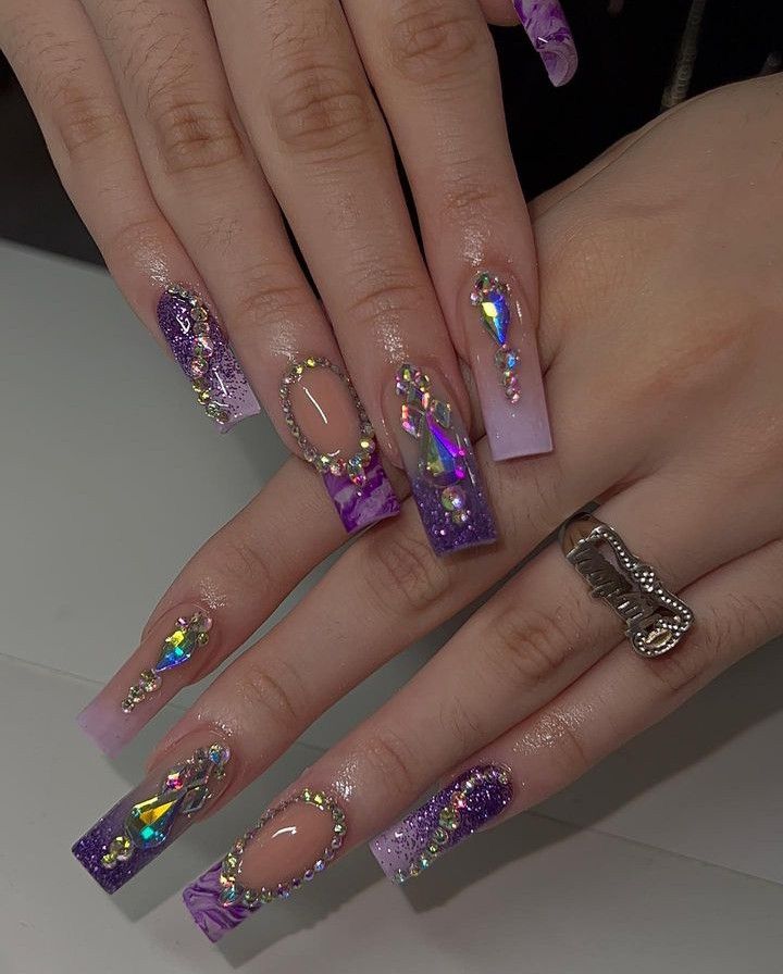Purple Gradient Rhinestone Coffin Nails Purple Gradient Rhinestone Coffin Nails — 25th Birthday Nails 2027