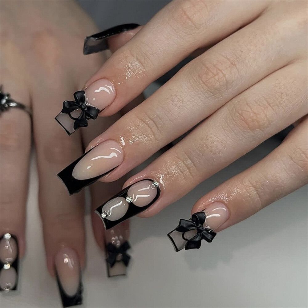 Long Square Black Bow French Tips — Black Bow Nails 2027