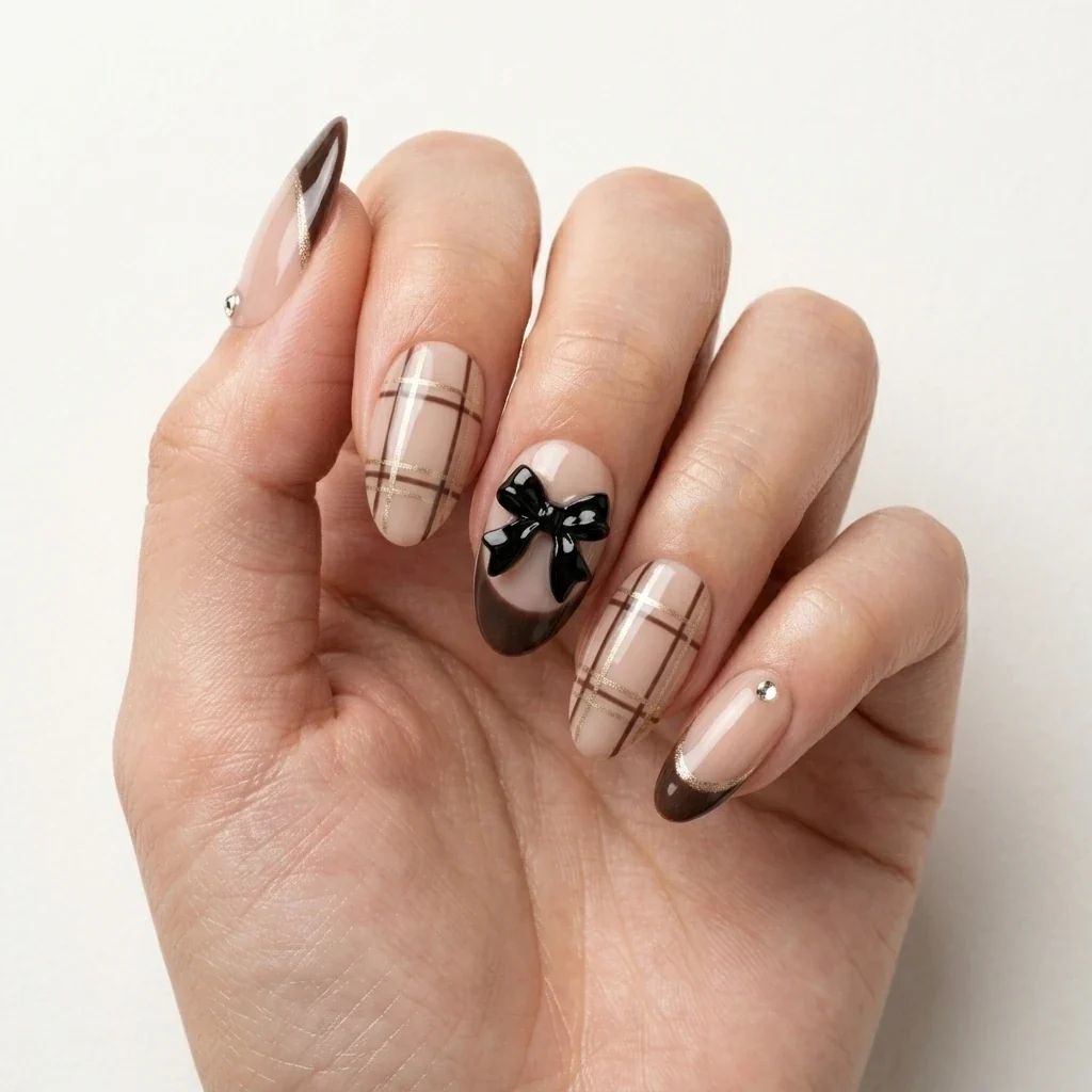 Plaid Gold Line Black Bow Oval Nails — Black Bow Nails 2027
