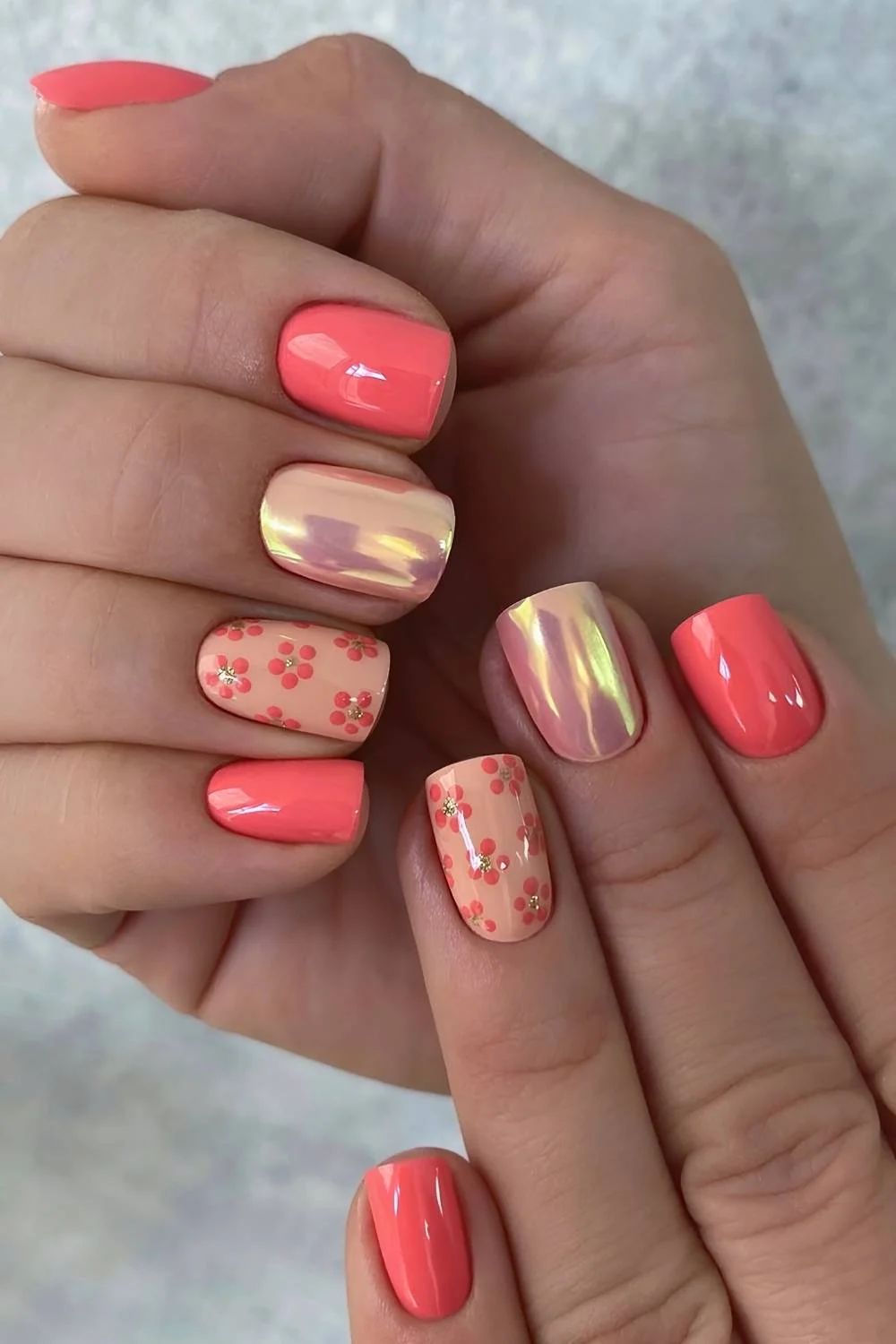 Glossy Iridescent Chrome On Accent Nails Visual Idea Glossy Iridescent Chrome On Accent Nails Visual Idea — Short Coral Nails 2027