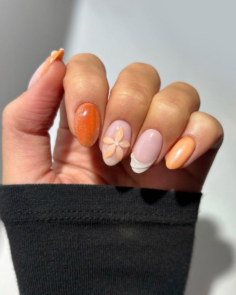 Mixed Peach Designs with 3D Flower — Peach Nails 2027 for Pale Skin