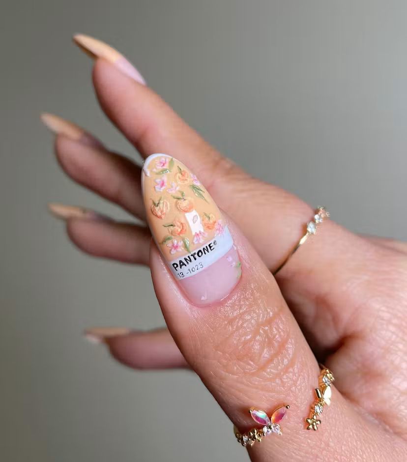 Intricate 3D Peach Art on Long Almonds — Peach Nails 2027 for Pale Skin