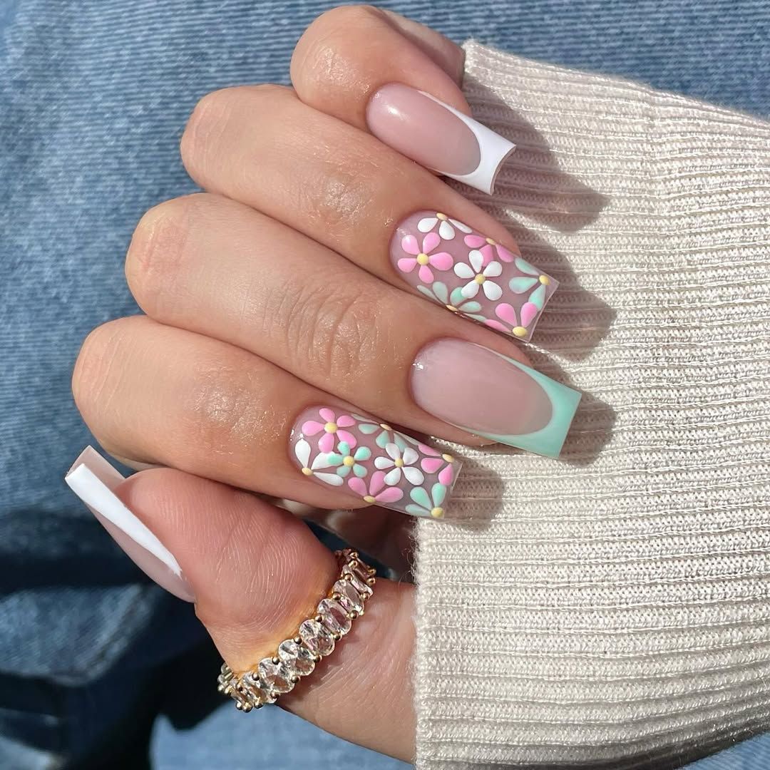 Mint Green French Floral Embellished Coffins Mint Green French Floral Embellished Coffins — Floral Coffin Nails 2027