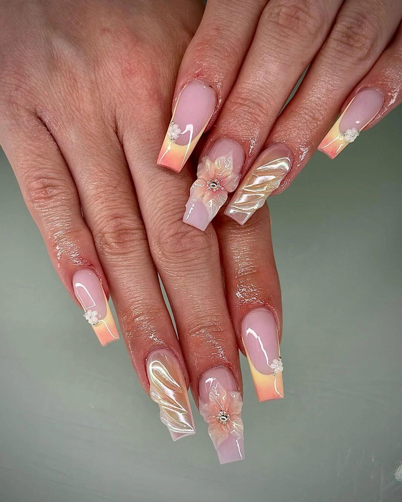 Glossy With Iridescent Accents Visual Idea Glossy With Iridescent Accents Visual Idea — Floral Coffin Nails 2027
