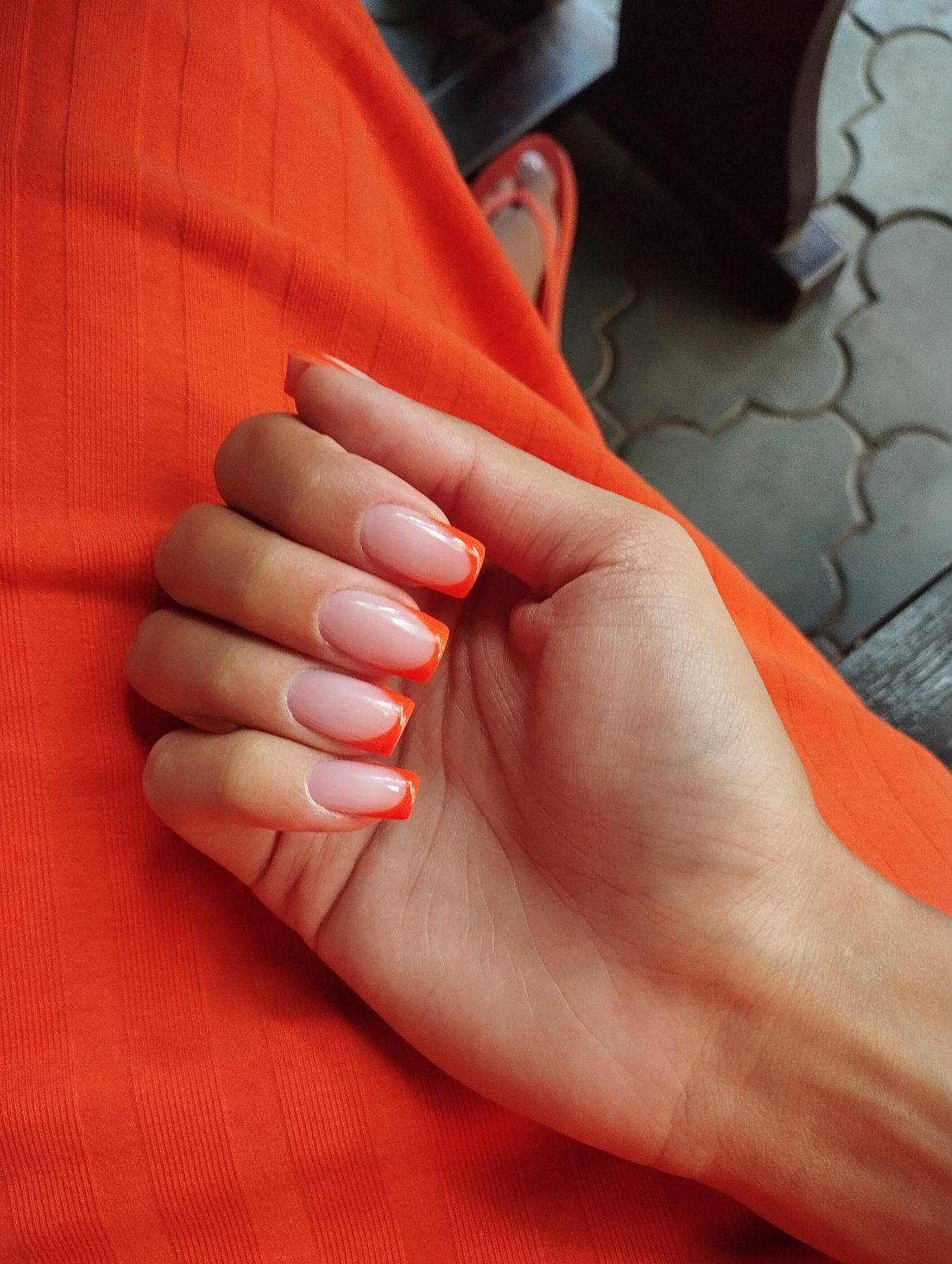 Vibrant Coral Tips On All Visible Nails Saturated Coral French Tips Medium Square — Coral French Tip Nails 2027