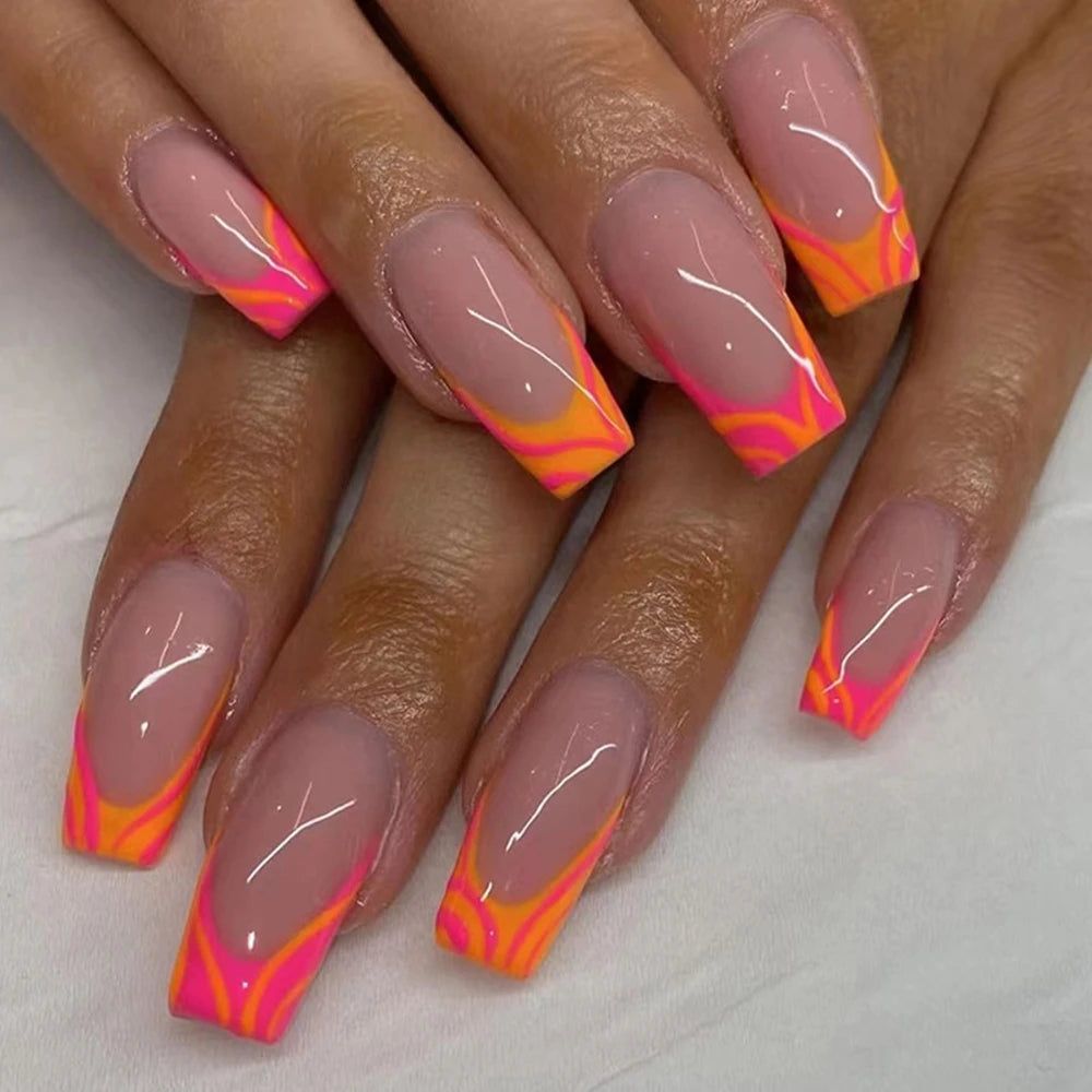 Abstract Wavy Neon French Tips Long Coffin — Coral French Tip Nails 2027
